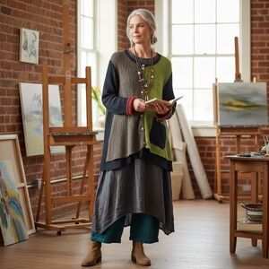 Margaret Winters Lagenlook Button Front Color Block Cardigan Size M